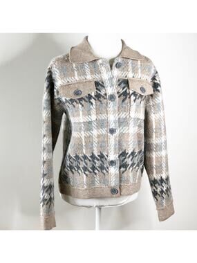 Tahari Cardigan Medium Button Front Soft Sweater Plaid Blue Grey Tan
